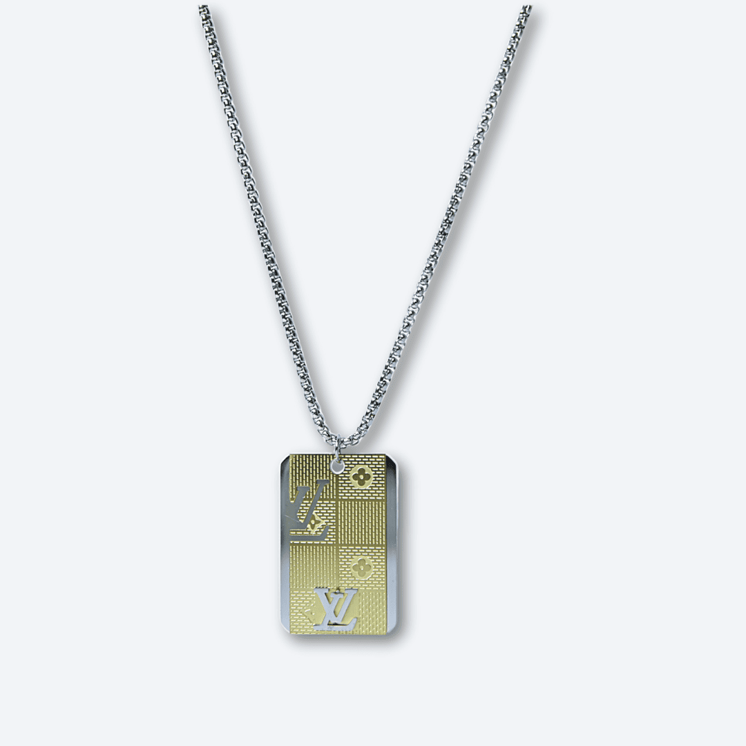 Gold Accent Patterned Dog Tag Pendant Necklace