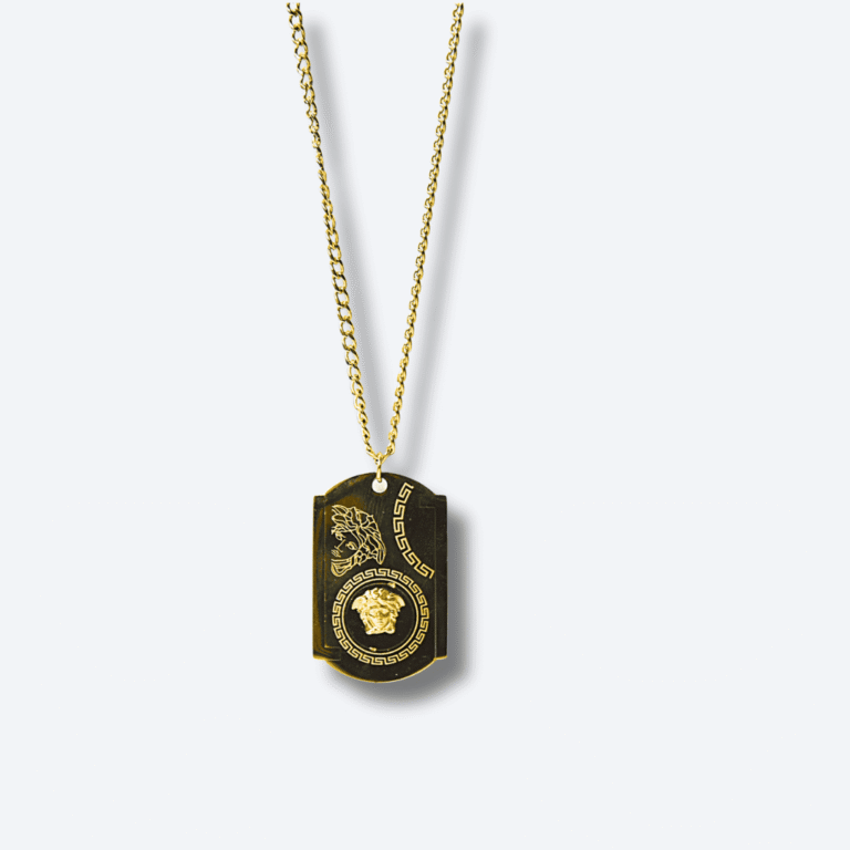 Men’s Gold Medusa Dog Tag Pendant Chain Stainless Steel Greek Key Design