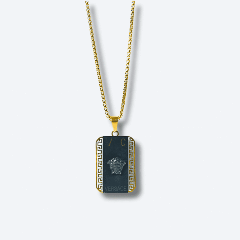 Black & Gold Medusa-Style Dog Tag Pendant Necklace