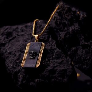 Black & Gold Medusa-Style Dog Tag Pendant Necklace