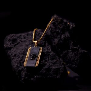 Black & Gold Medusa-Style Dog Tag Pendant Necklace