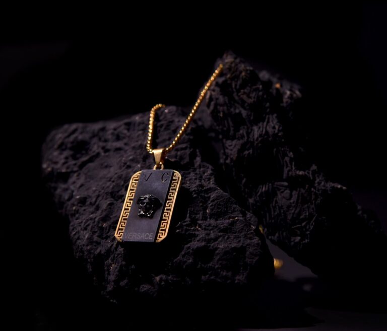 Black & Gold Medusa-Style Dog Tag Pendant Necklace