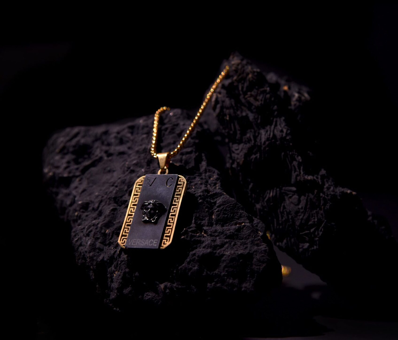 Black & Gold Medusa-Style Dog Tag Pendant Necklace