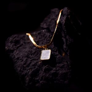 Men's Gold Rectangular White Opal Pendant Necklace