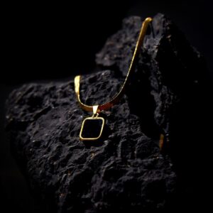 Golden Tone Two-Sided Black & White Square Pendant Necklace for Men