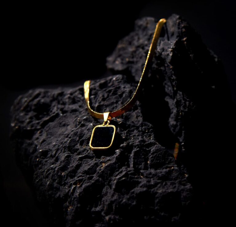 Golden Tone Two-Sided Black & White Square Pendant Necklace for Men