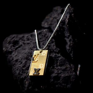 Gold Accent Patterned Dog Tag Pendant Necklace