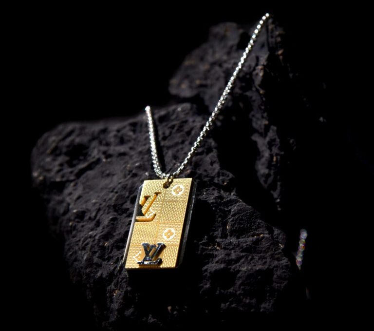 Gold Accent Patterned Dog Tag Pendant Necklace