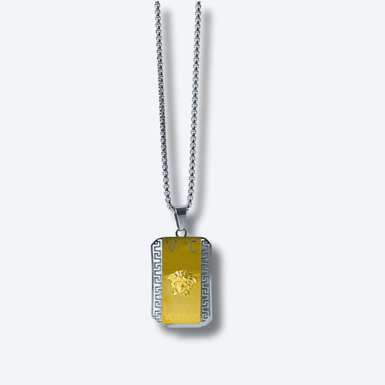 Silver and Gold Greek Inspired Dog Tag Pendant Necklace for Men