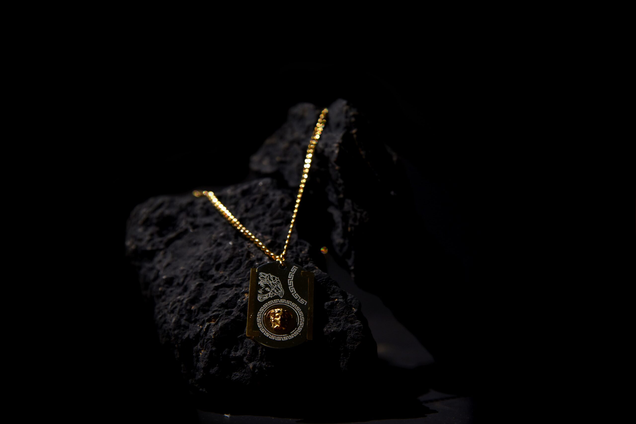 Silver and Gold Greek Inspired Dog Tag Pendant Necklace for Men